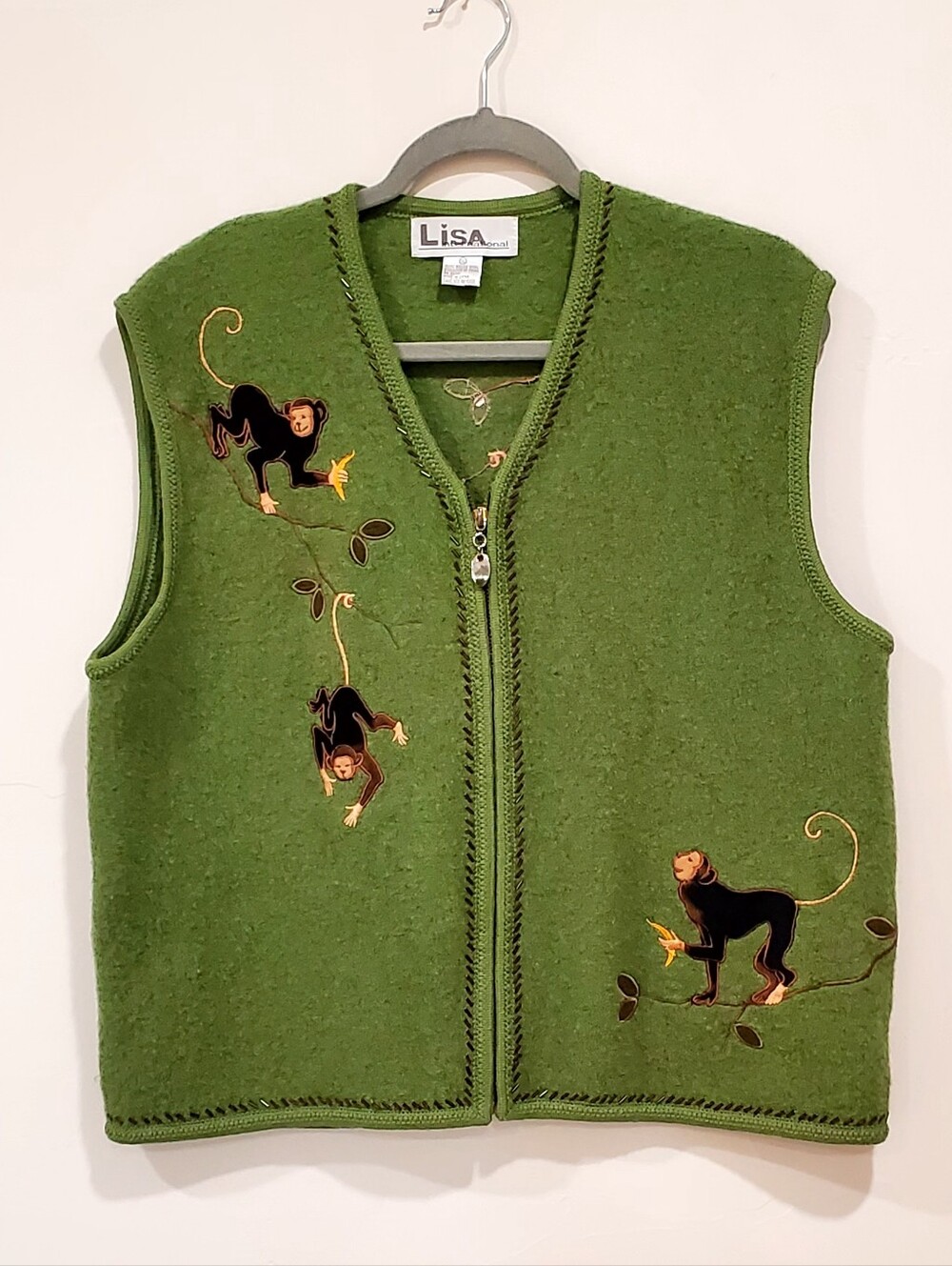 Vtg Avocado Green Wool w/ Embroidery+ Beading, Cute Monkeys Zip-Up Vest XL